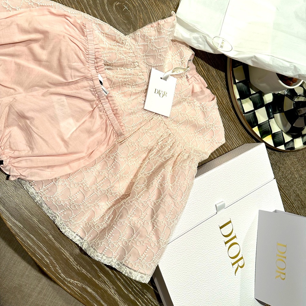 Ivory and Pale Pink Dior Oblique Pearl-Embroidered Tulle Dress ( 9 months )